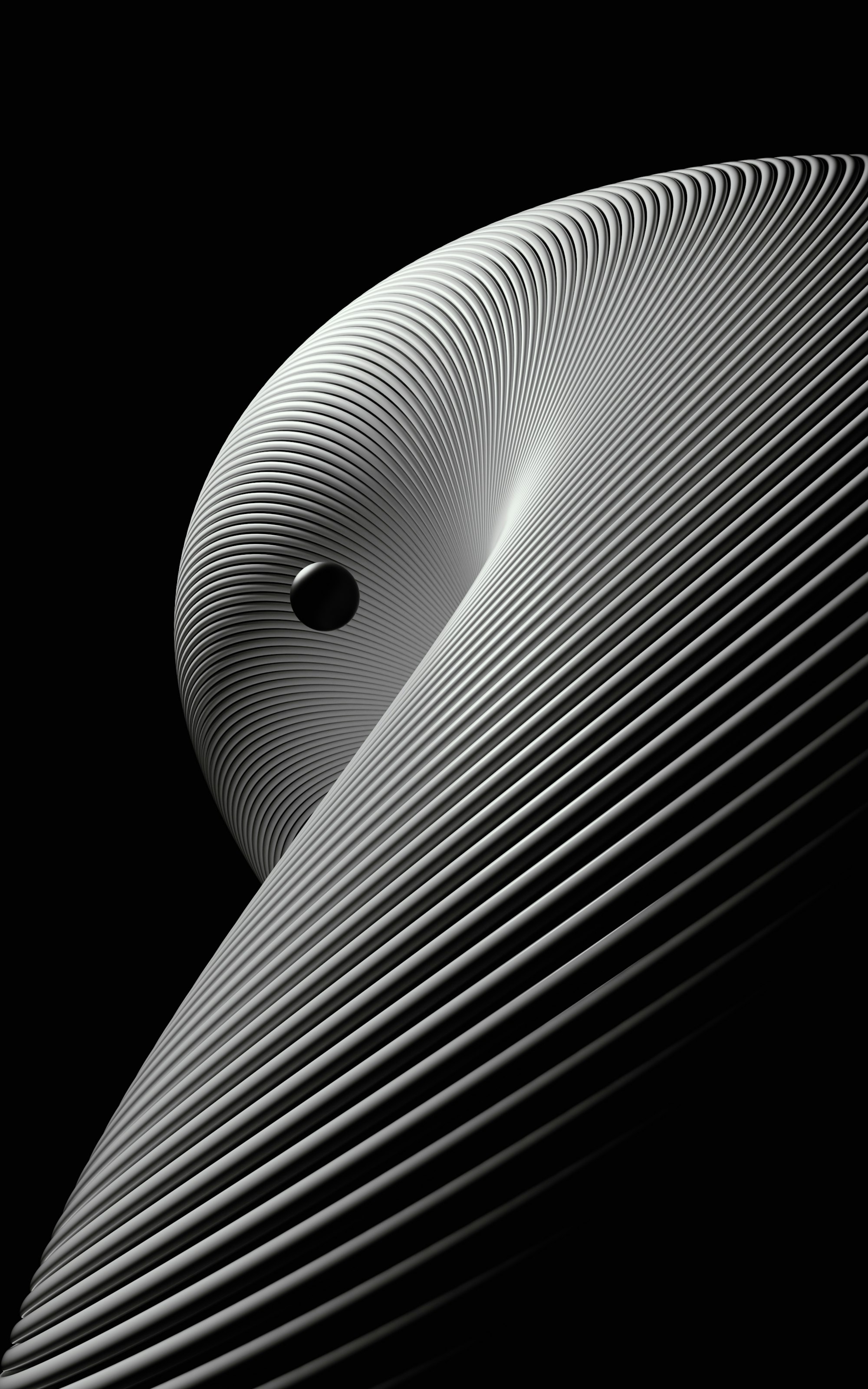 An abstract sculpture of ordered ridged lines resolving into one smooth form